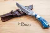 Hunting Bowie knife with Damascus blade and blue resin handle