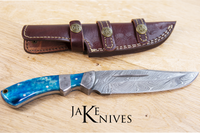 Hunting Bowie knife with Damascus blade and blue resin handle