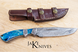 Hunting Bowie knife with Damascus blade and blue resin handle