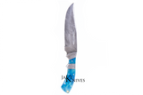 Hunting Bowie knife with Damascus blade and blue resin handle