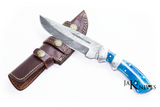 Hunting Bowie knife with Damascus blade and blue resin handle